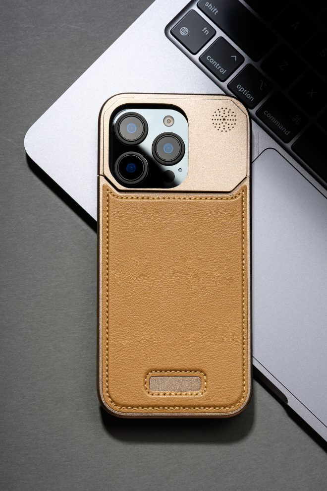 Metallic Vegan Leather Titanium Gold Aroma Case for iPhone 16 pro max
