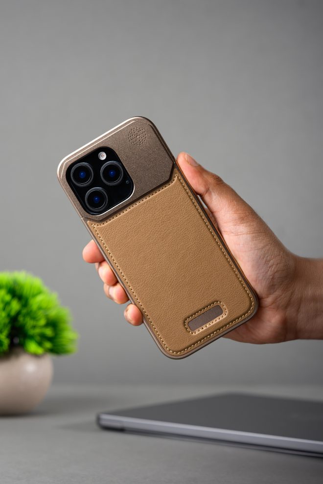 Metallic Vegan Leather Titanium Gold Aroma Case for iPhone 16 pro max (2)